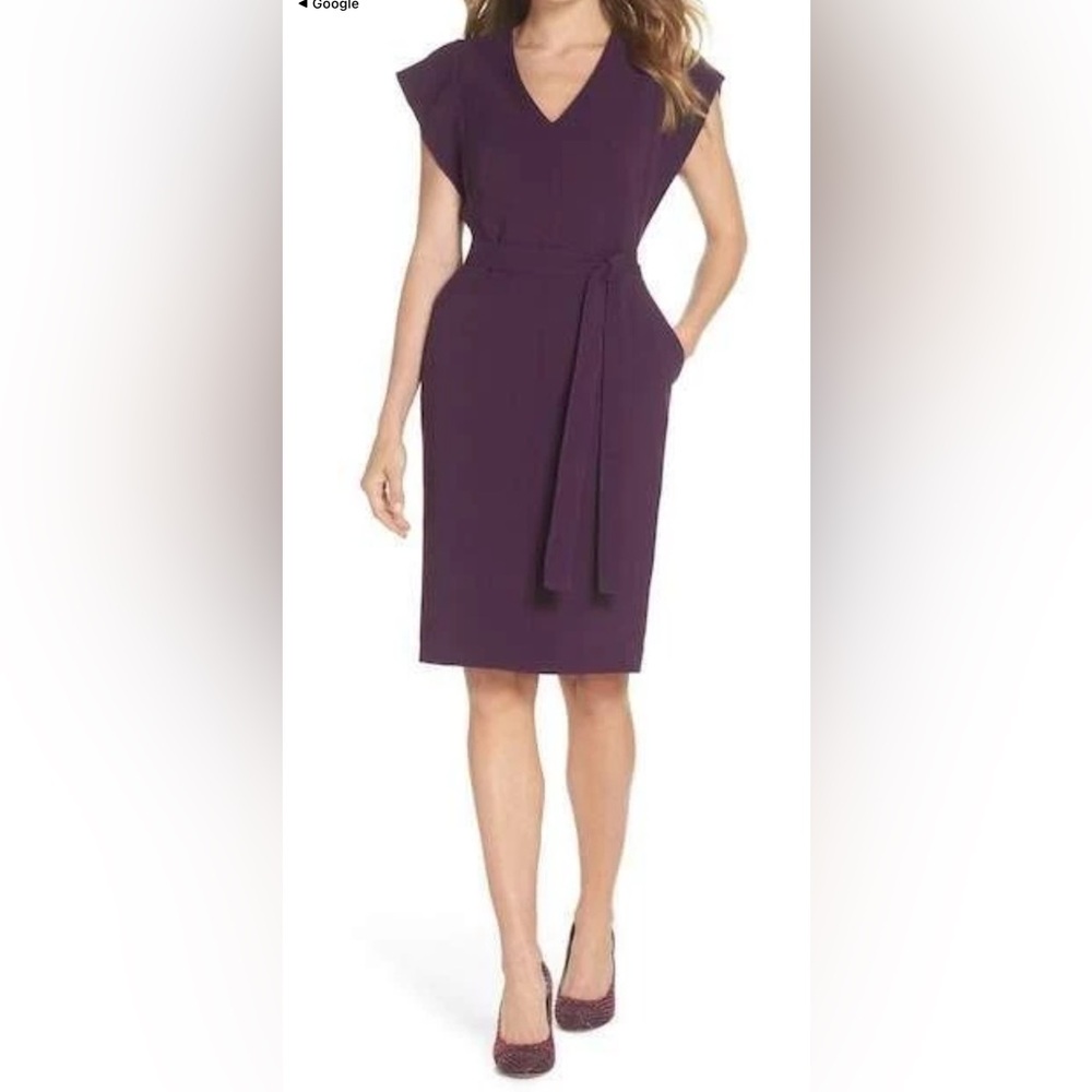 Eliza J Ruffle Sleeves Belted Sheath Dress Purple Crepe V-Neck